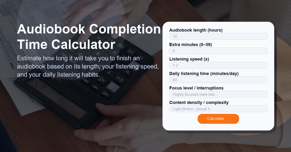 Estimate how long it will take you to finish an audiobook based on its length, your listening speed, and your daily listening habits.