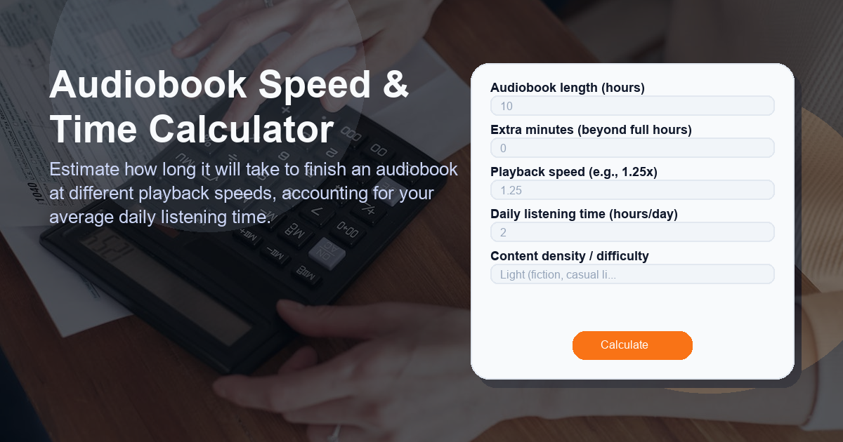 Estimate how long it will take to finish an audiobook at different playback speeds, accounting for your average daily listening time.