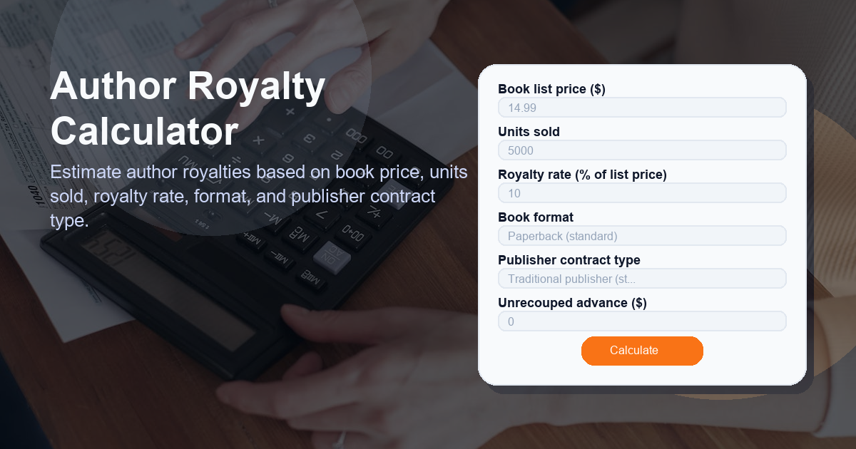 Estimate author royalties based on book price, units sold, royalty rate, format, and publisher contract type.