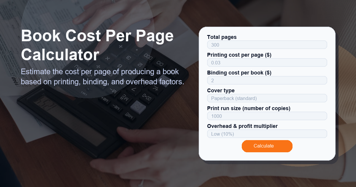 Estimate the cost per page of producing a book based on printing, binding, and overhead factors.