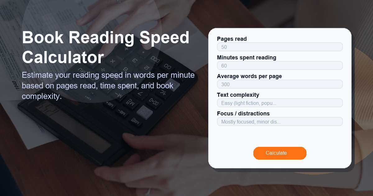 Estimate your reading speed in words per minute based on pages read, time spent, and book complexity.