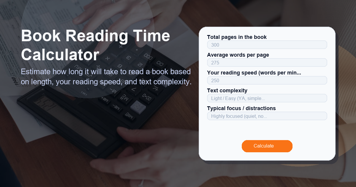 Estimate how long it will take to read a book based on length, your reading speed, and text complexity.