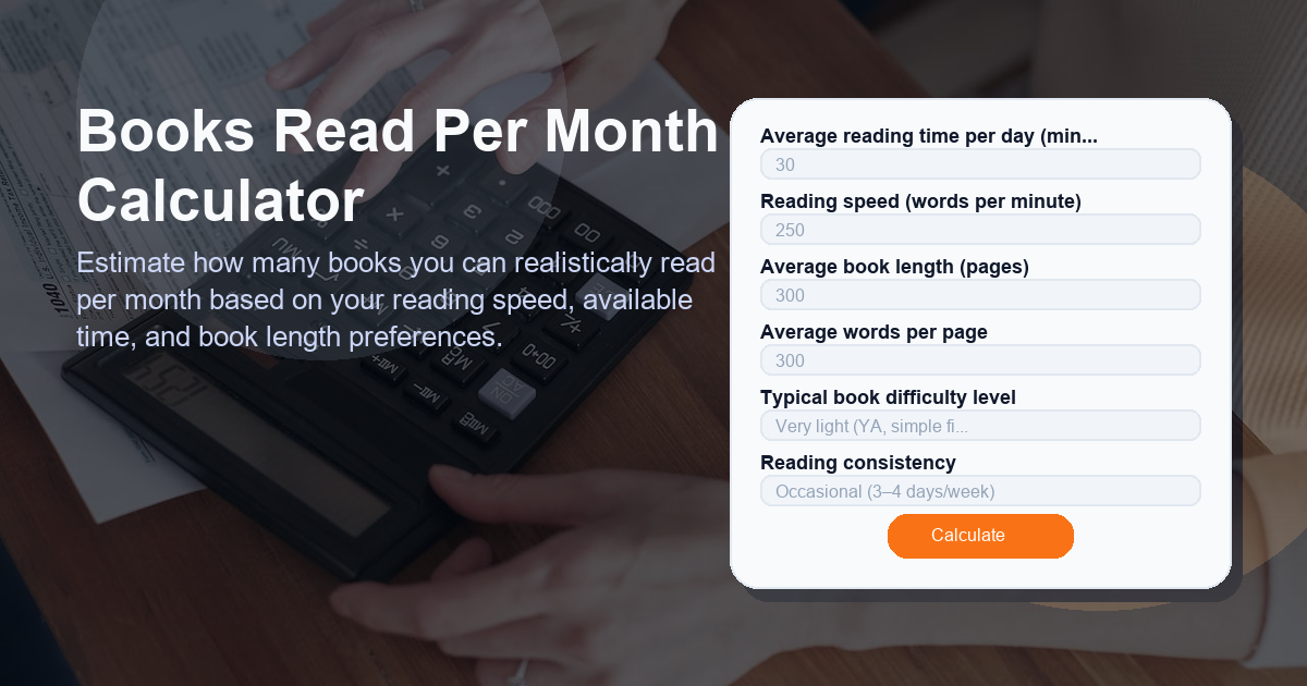 Estimate how many books you can realistically read per month based on your reading speed, available time, and book length preferences.