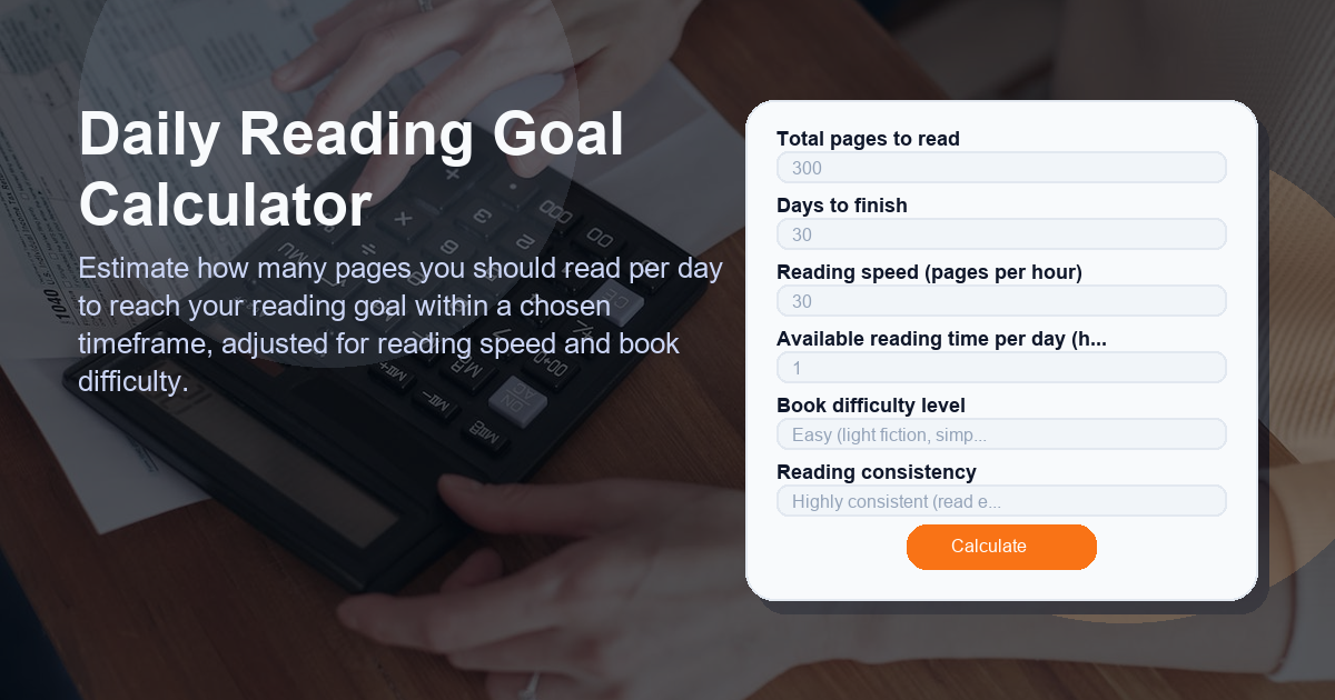Estimate how many pages you should read per day to reach your reading goal within a chosen timeframe, adjusted for reading speed and book difficulty.