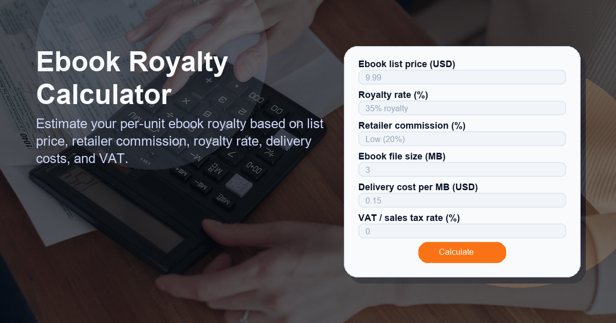 Estimate your per-unit ebook royalty based on list price, retailer commission, royalty rate, delivery costs, and VAT.