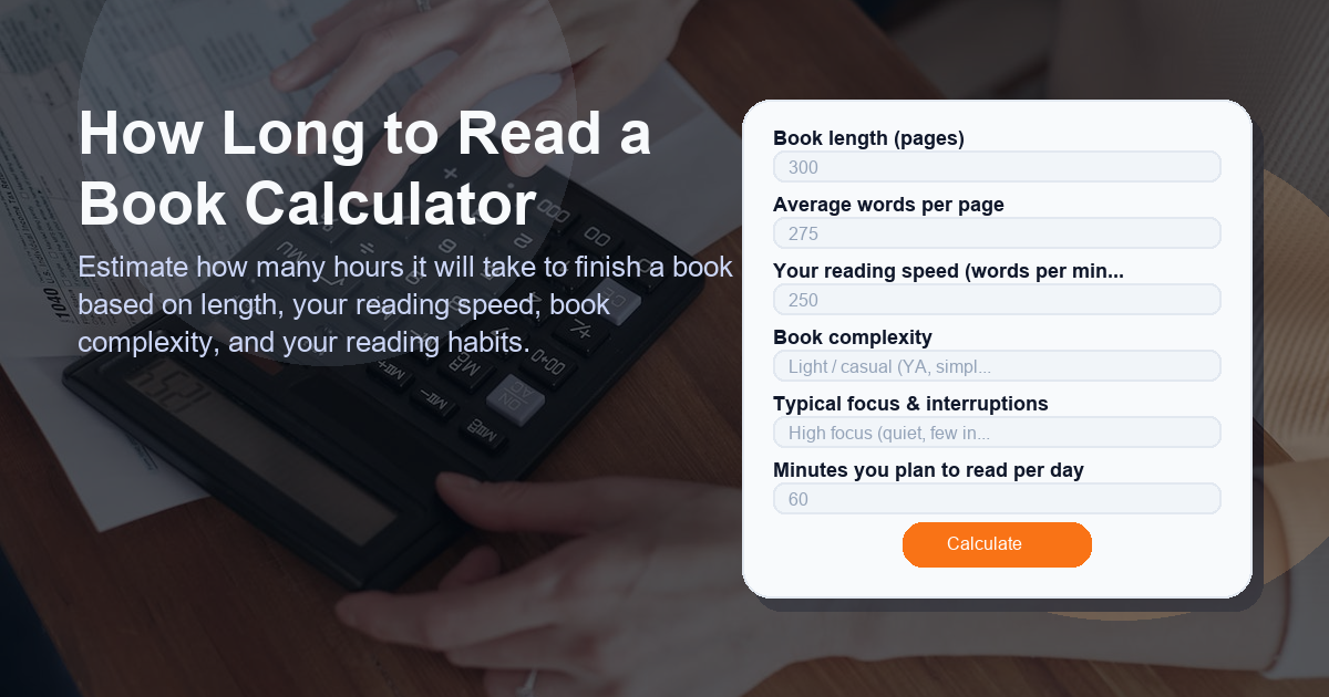Estimate how many hours it will take to finish a book based on length, your reading speed, book complexity, and your reading habits.