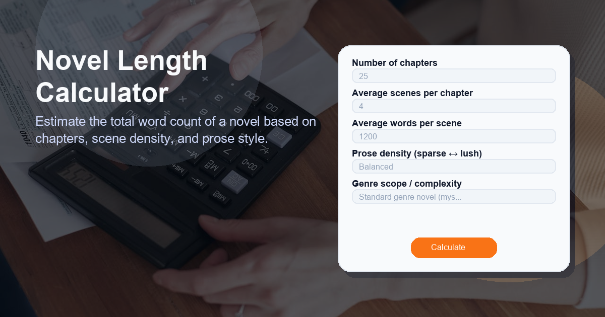 Estimate the total word count of a novel based on chapters, scene density, and prose style.