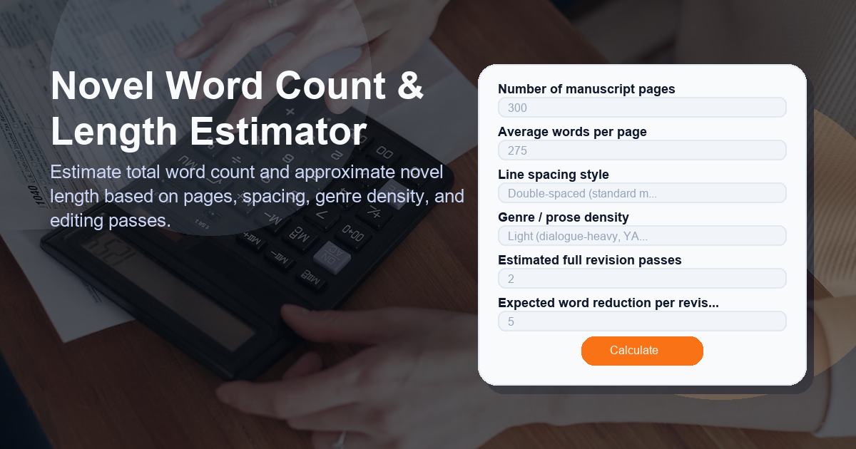 Estimate total word count and approximate novel length based on pages, spacing, genre density, and editing passes.