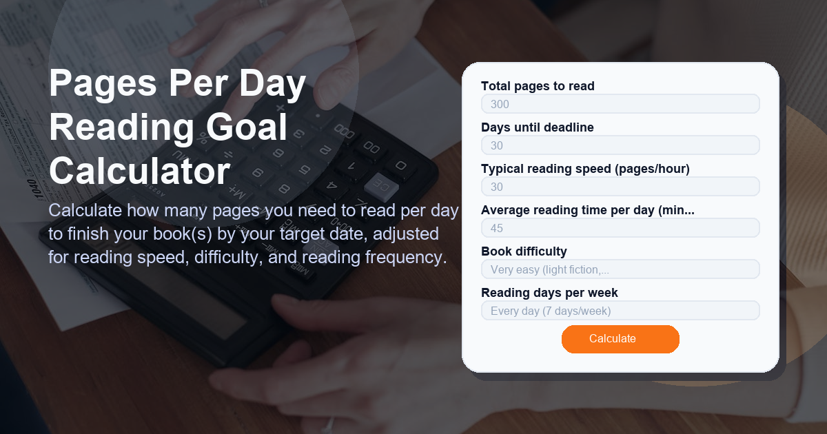 Calculate how many pages you need to read per day to finish your book(s) by your target date, adjusted for reading speed, difficulty, and reading frequency.
