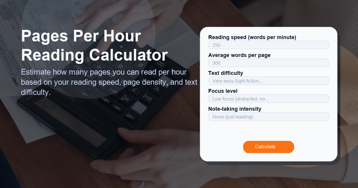 Estimate how many pages you can read per hour based on your reading speed, page density, and text difficulty.