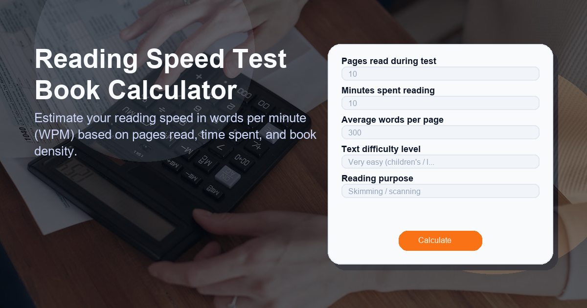 Estimate your reading speed in words per minute (WPM) based on pages read, time spent, and book density.
