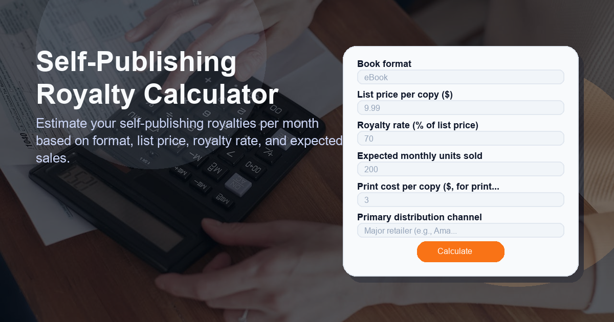 Estimate your self-publishing royalties per month based on format, list price, royalty rate, and expected sales.