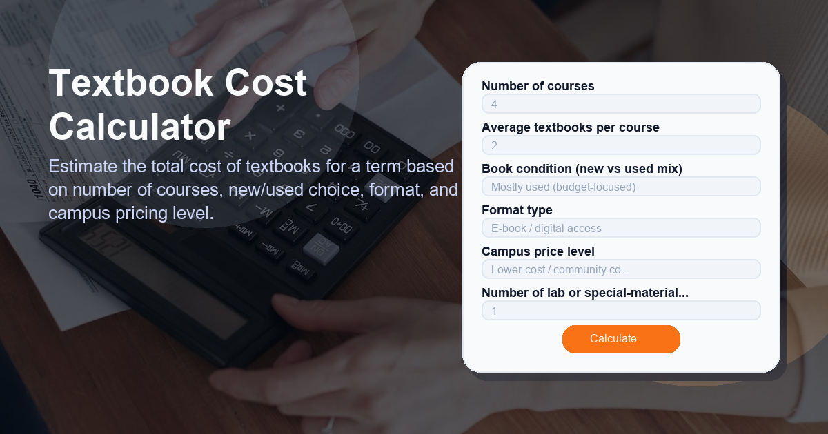 Estimate the total cost of textbooks for a term based on number of courses, new/used choice, format, and campus pricing level.