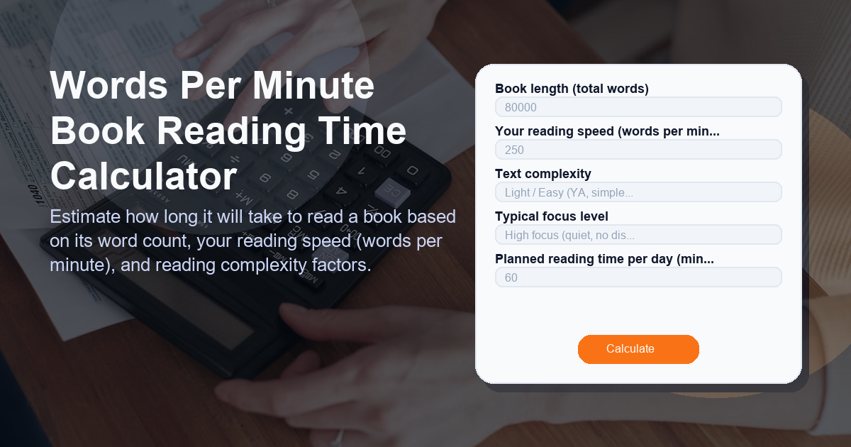 Estimate how long it will take to read a book based on its word count, your reading speed (words per minute), and reading complexity factors.