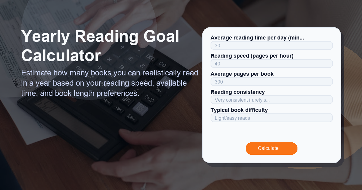 Estimate how many books you can realistically read in a year based on your reading speed, available time, and book length preferences.